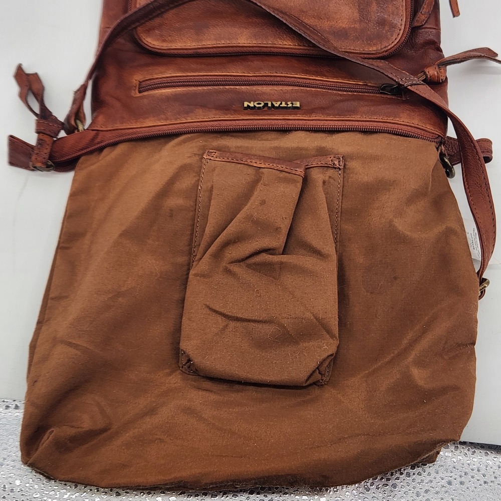 Estalon Crossbody Bag Brown Genuine Leather Adjustable Strap Messenger Purse - Picture 6 of 9